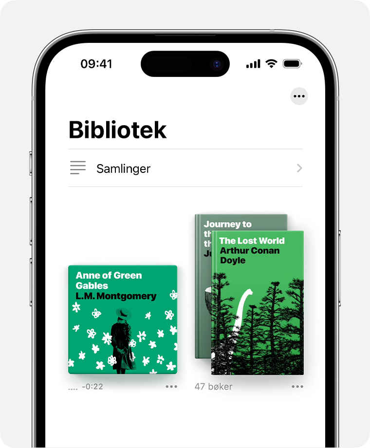 iPhone-skjerm som viser Bibliotek-delen i Bøker-appen. 