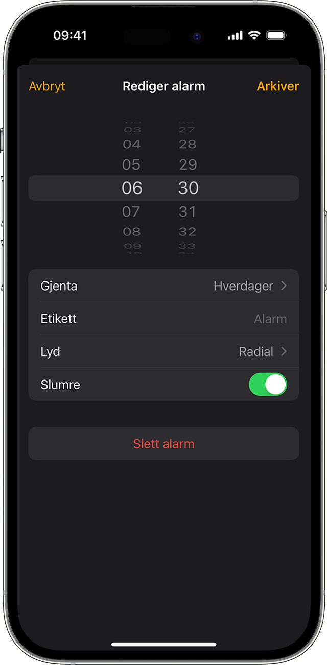 Rediger en alarm på iPhone i Klokke-appen.