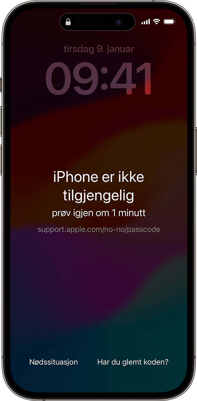 Skjermen «iPhone er ikke tilgjengelig i iOS 17 eller nyere» inkluderer alternativet «Har du glemt koden?» 