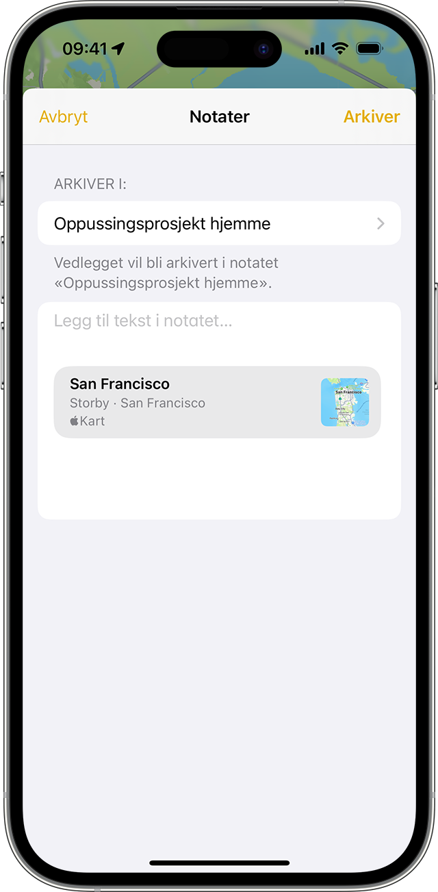 iPhone som viser hvordan du legger til et vedlegg i Notater-appen.