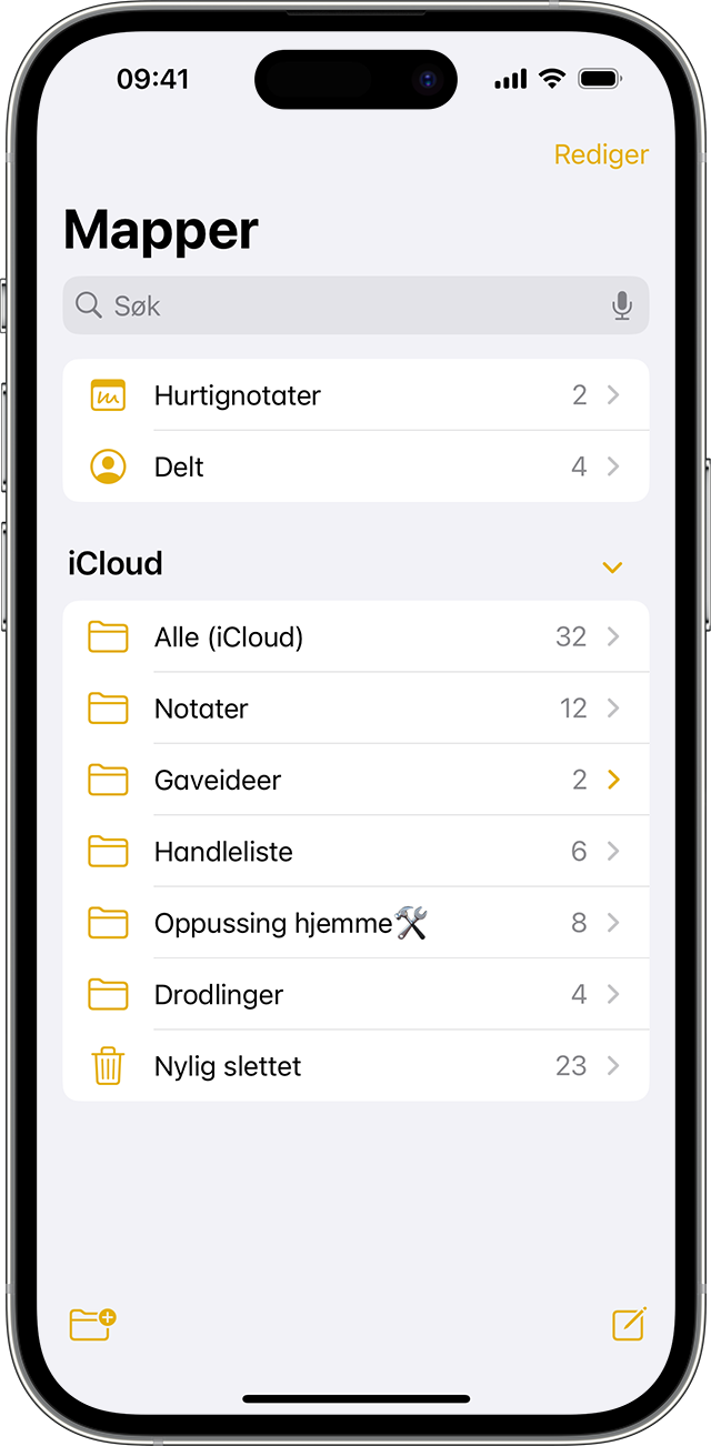 iPhone som viser hvordan du oppretter en mappe i Notater-appen.