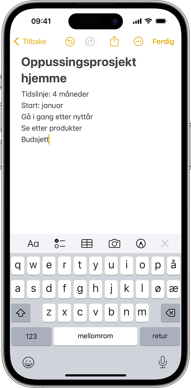 iPhone som viser hvordan du lager et notat i Notater-appen.