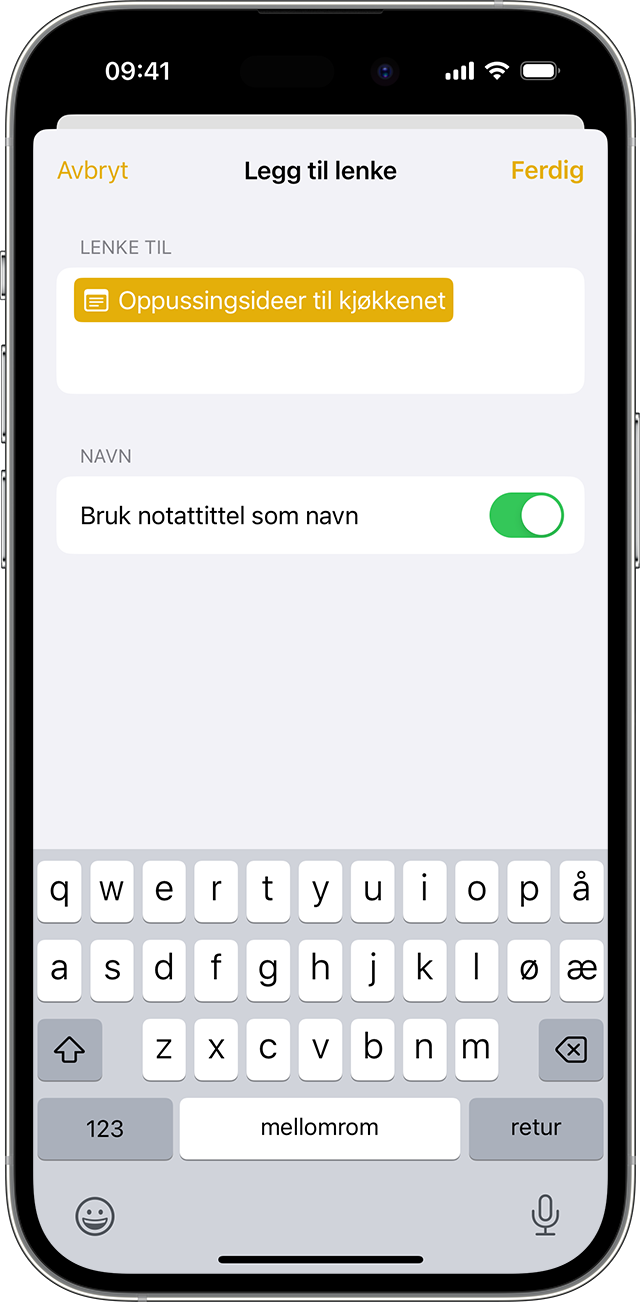 Alternativene for å legge til en kobling i Notater på iPhone med iOS 17 eller nyere.