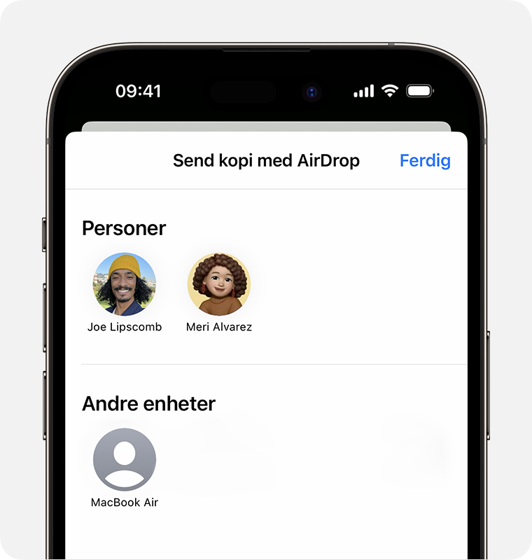 En iPhone som viser Send kopi med AirDrop-skjermen med personene og enhetene du kan velge.