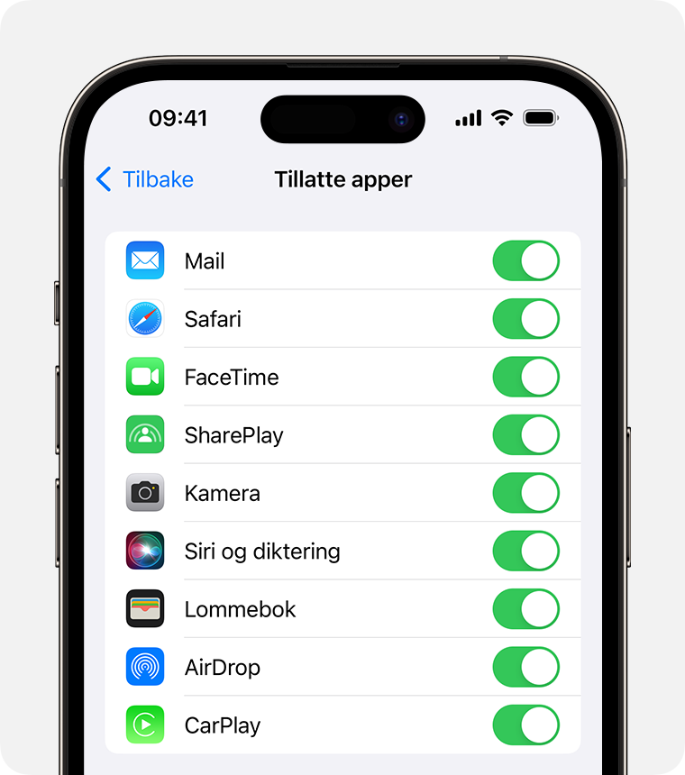 iPhone-skjerm som viser tillatte apper 