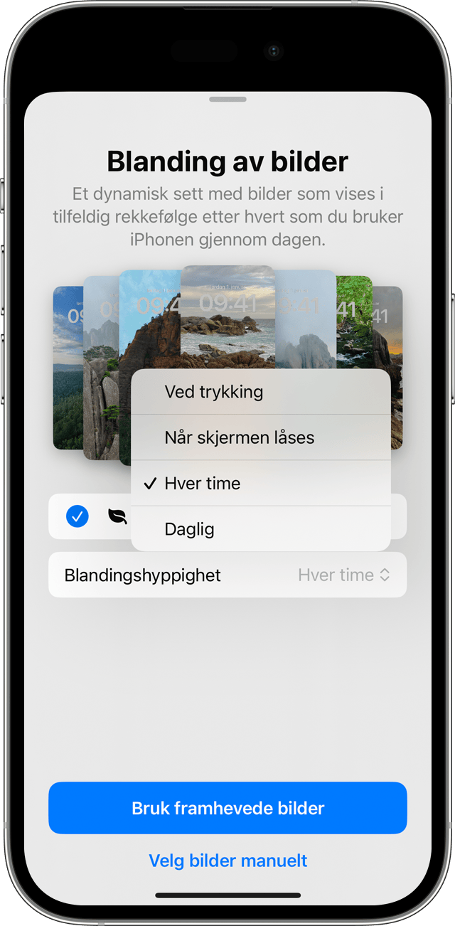 Hyppighetsalternativene for Blanding av bilder når du konfigurerer flere bilder som skal rotere som låseskjerm på iPhone.