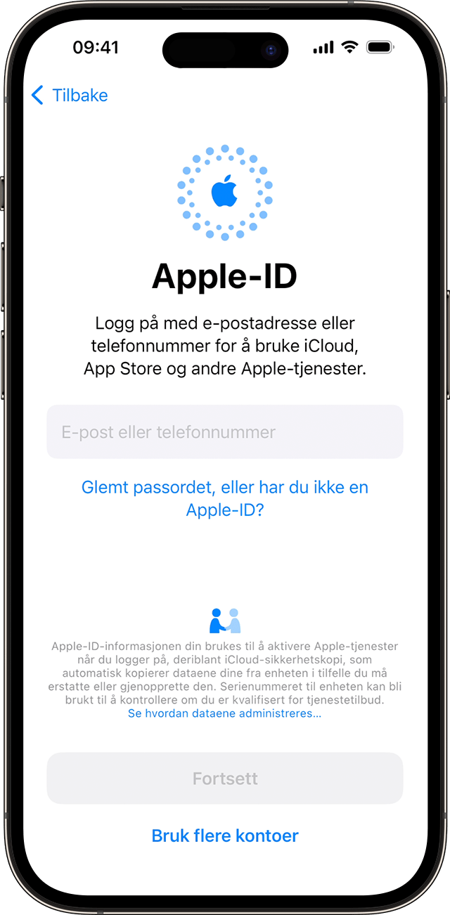 Bruk e-postadressen din eller telefonnummeret ditt for å logge på med Apple-ID-en din under iPhone-konfigurasjonsprosessen i iOS 17.