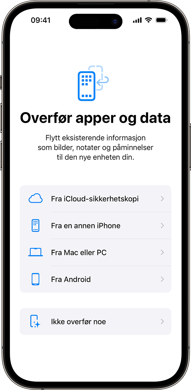 Alternativene for Overfør apper og data under konfigurasjonen av en iPhone i iOS 17