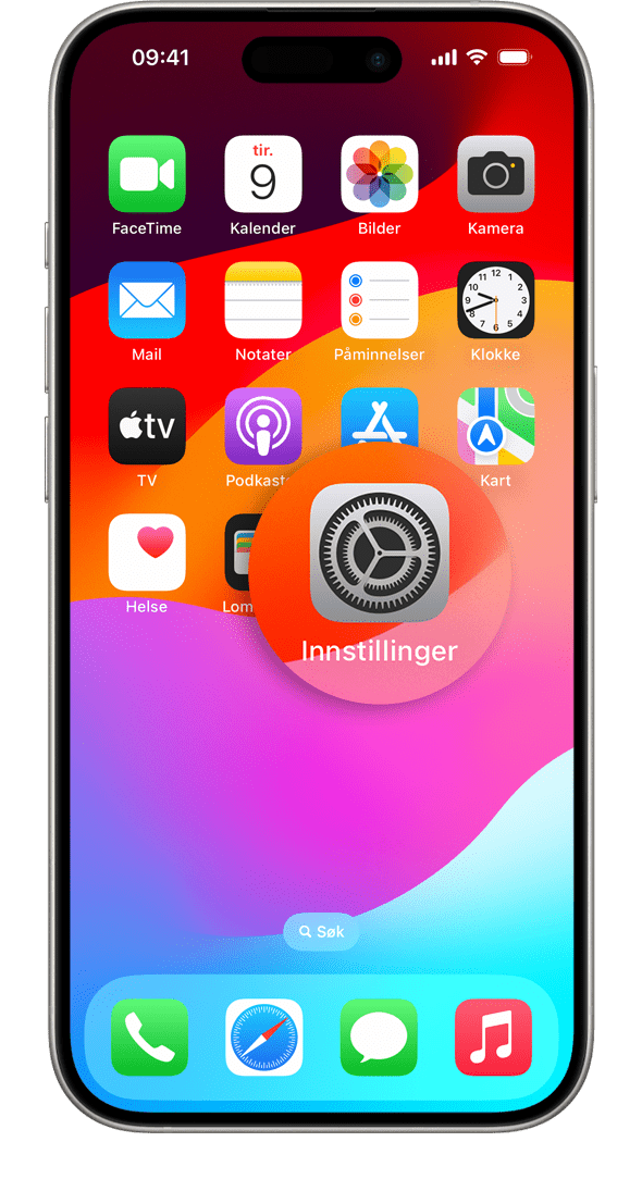 En iPhone som viser Hjem-skjermen med symbolet for Innstillinger-appen forstørret.