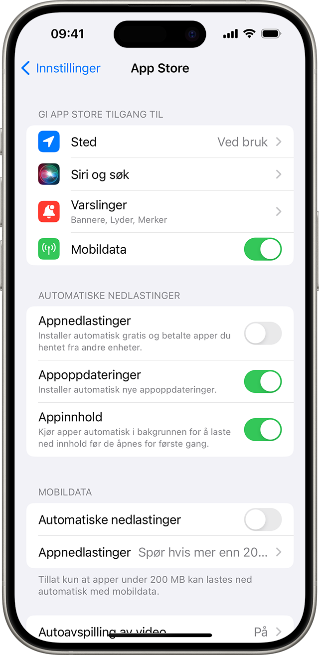 iPhone som viser App Store-alternativer i innstillinger, inkludert Appoppdateringer.