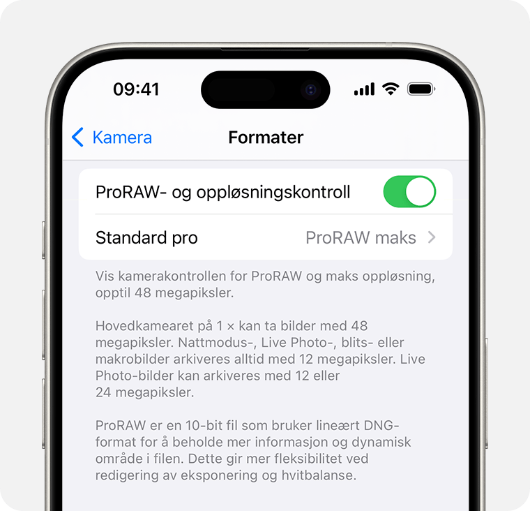 I iOS 17 kan du angi ProRAW-oppløsningen til enten 12 MP eller 48 MP.