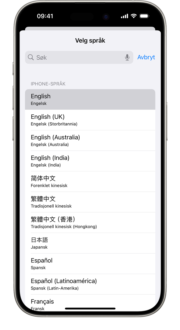 En iPhone som viser listen over tilgjengelige systemspråk med fransk uthevet.