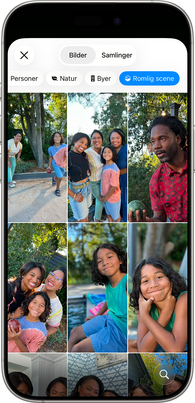iPhone der skjermen viser Romlig scene-fanen i Bilder med miniatyrbilder av bilder med venner og selfier