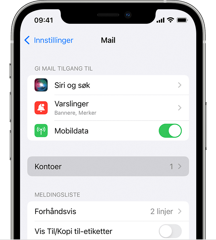 Gå til Innstillinger > Mail for å starte automatisk konfigurering av e-postkontoen din på iPhone.
