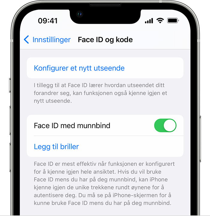 Hvis du bruker iPhone 12 eller nyere og iOS 15.4 eller nyere, har Face ID og kode-siden i Innstillinger et alternativ for å slå på Face ID med munnbind.