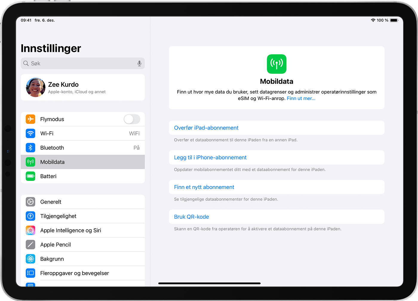 iPad Pro-skjerm som viser alternativene for mobildataabonnement for konfigurasjon av eSIM.