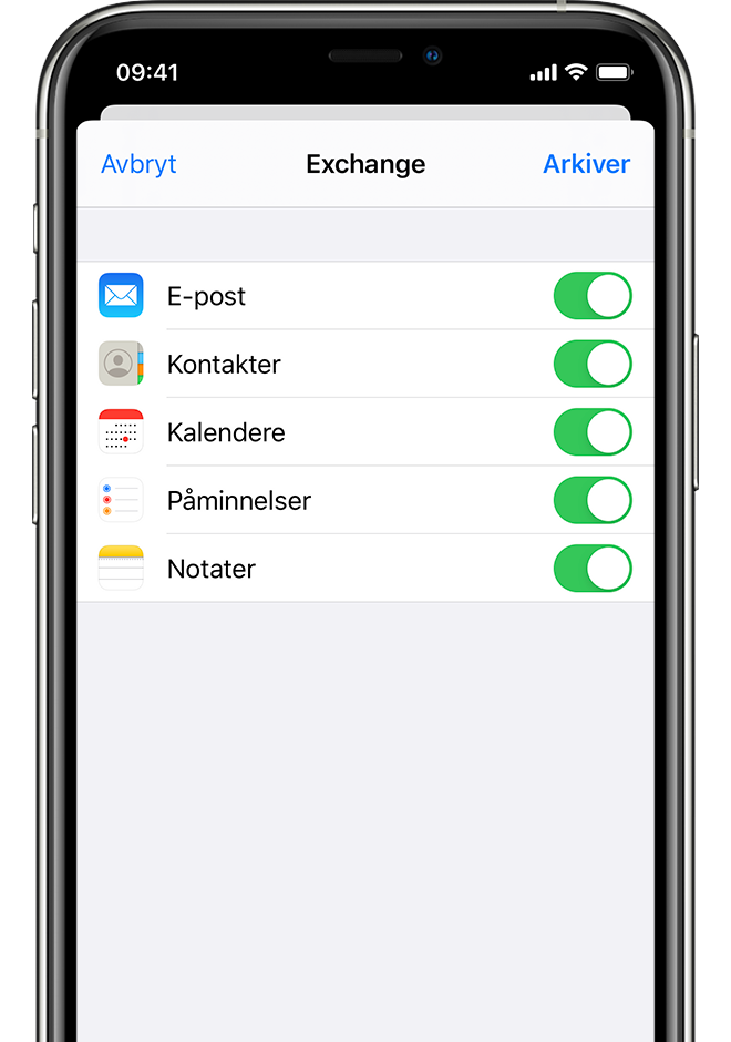 Utklipp av iPhone XS med iOS 13 som viser trinnet for å lagre tillegging av Exchange for en konto