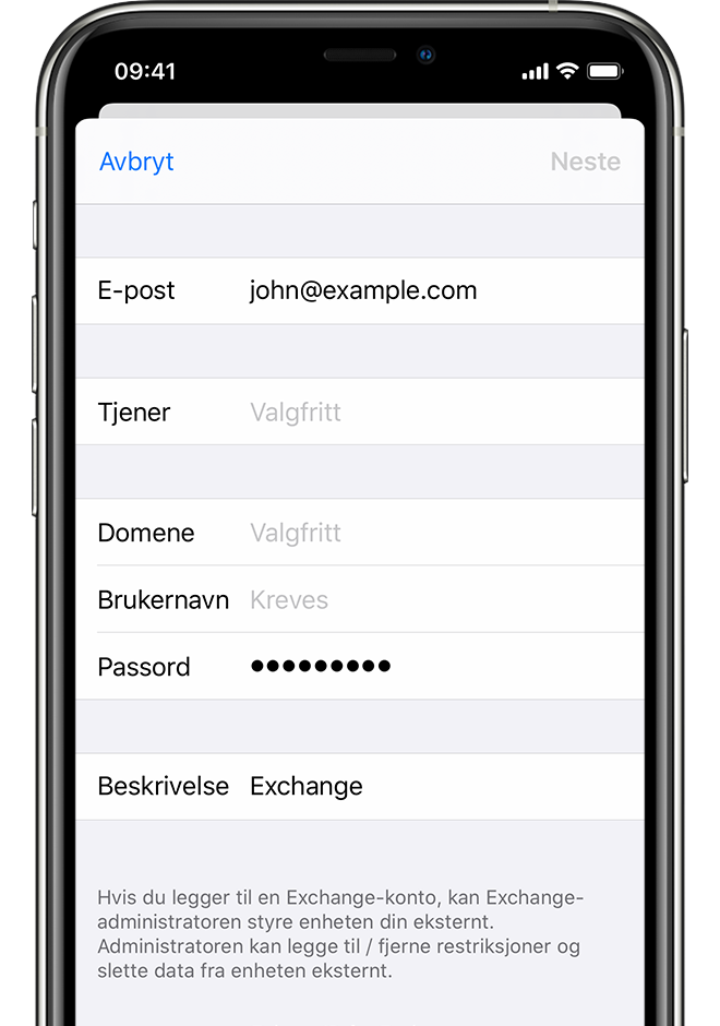 Utklipp av iPhone XS med iOS 13 som viser trinn for å legge til Exchange Server for en konto