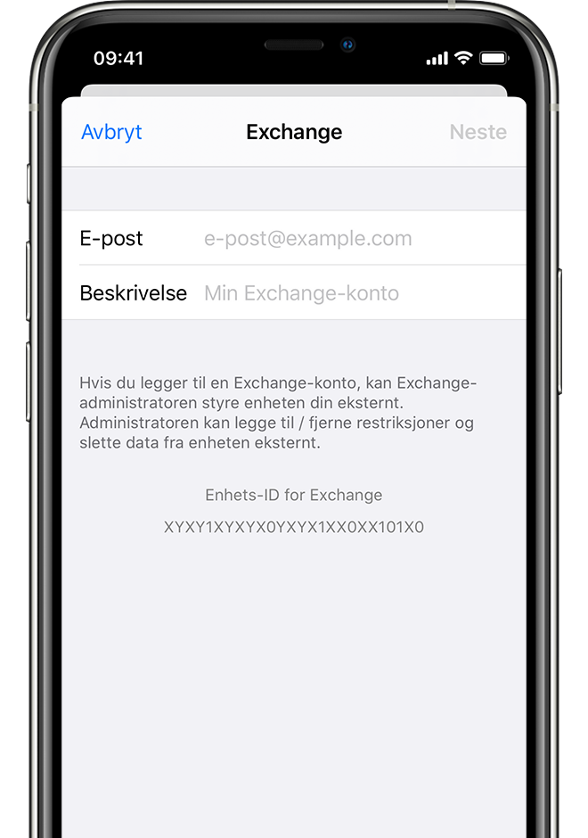 Utklipp av iPhone XS med iOS 13 som viser trinn for å legge til Exchange for en konto