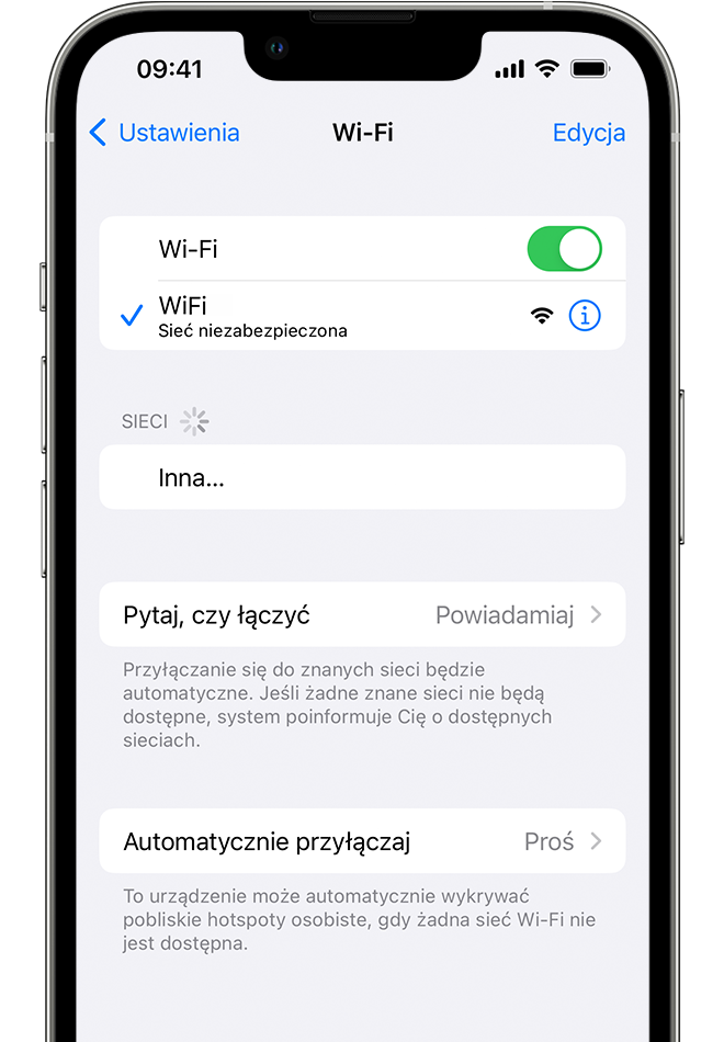 iPhone z ekranem Wi-Fi. Obok nazwy sieci Wi-Fi jest niebieski znacznik wyboru.