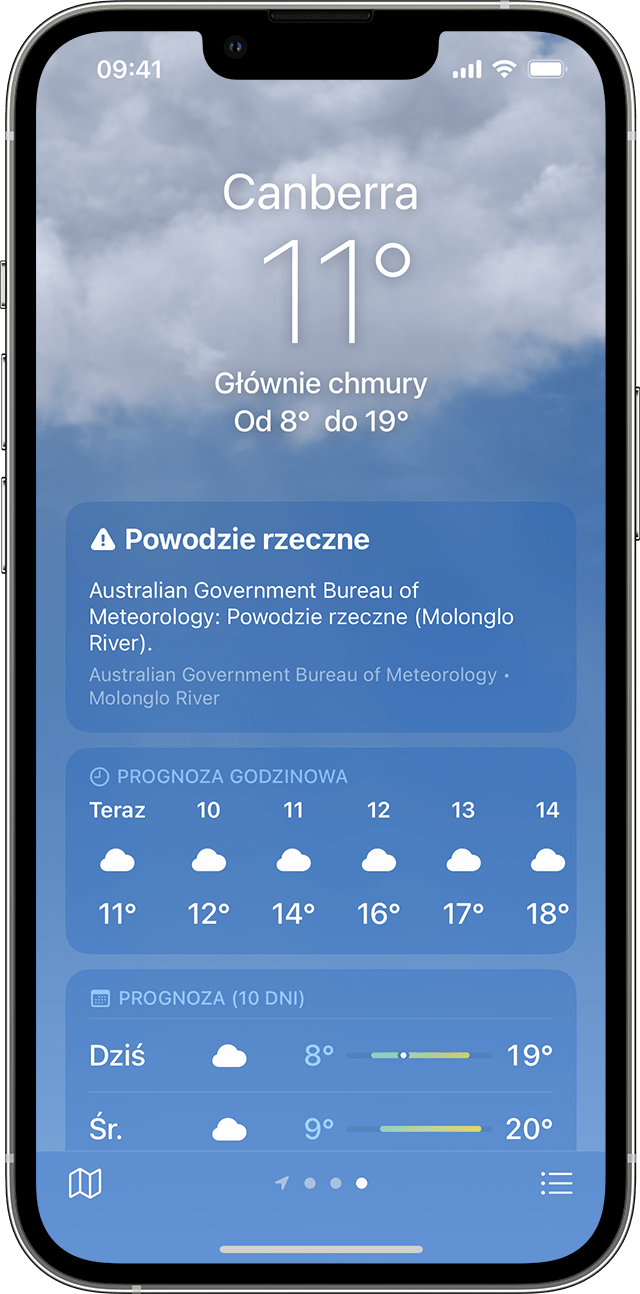 iPhone wyświetla informacje o złych warunkach pogodowych w aplikacji Pogoda.