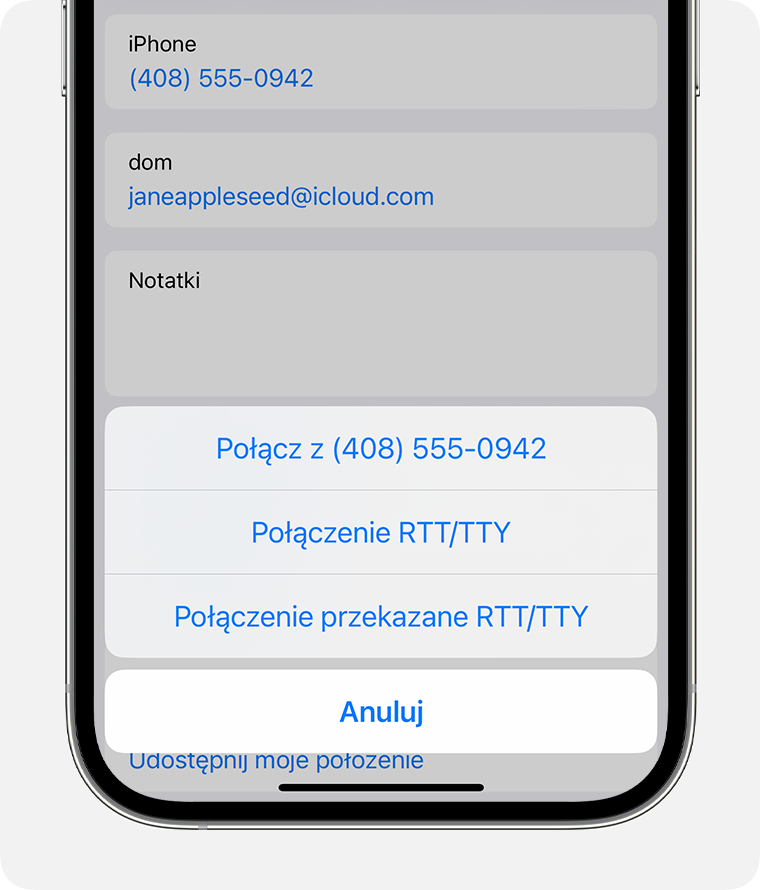 Ekran iPhone’a pokazujący menu z opcjami Połączenie RTT/TTY lub Przekazywane połączenie RTT/TTY