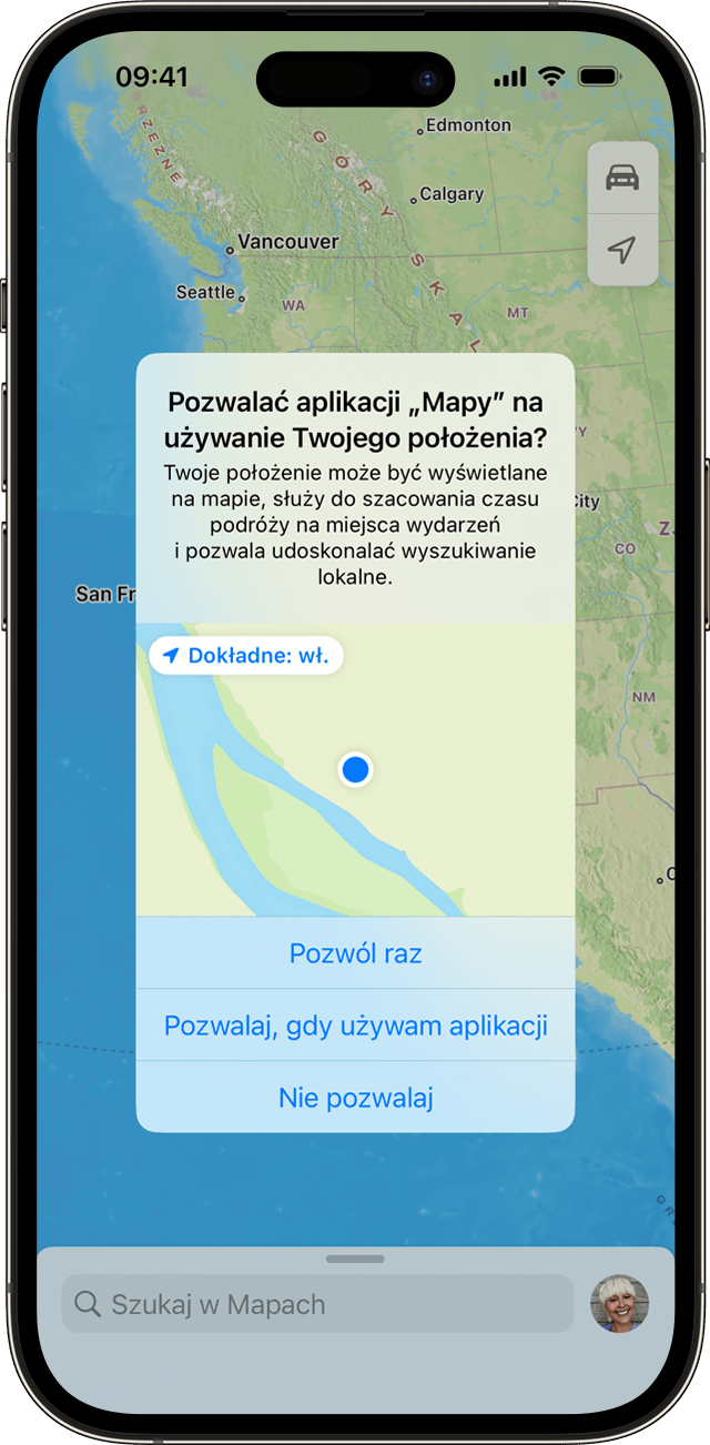Aplikacja prosi o dostęp do Twojej lokalizacji, gdy używasz jej na iPhonie