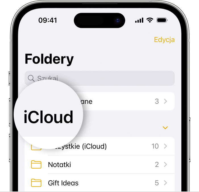 iPhone wyświetlający ekran Foldery w aplikacji Notatki z wyróżnionym folderem iCloud