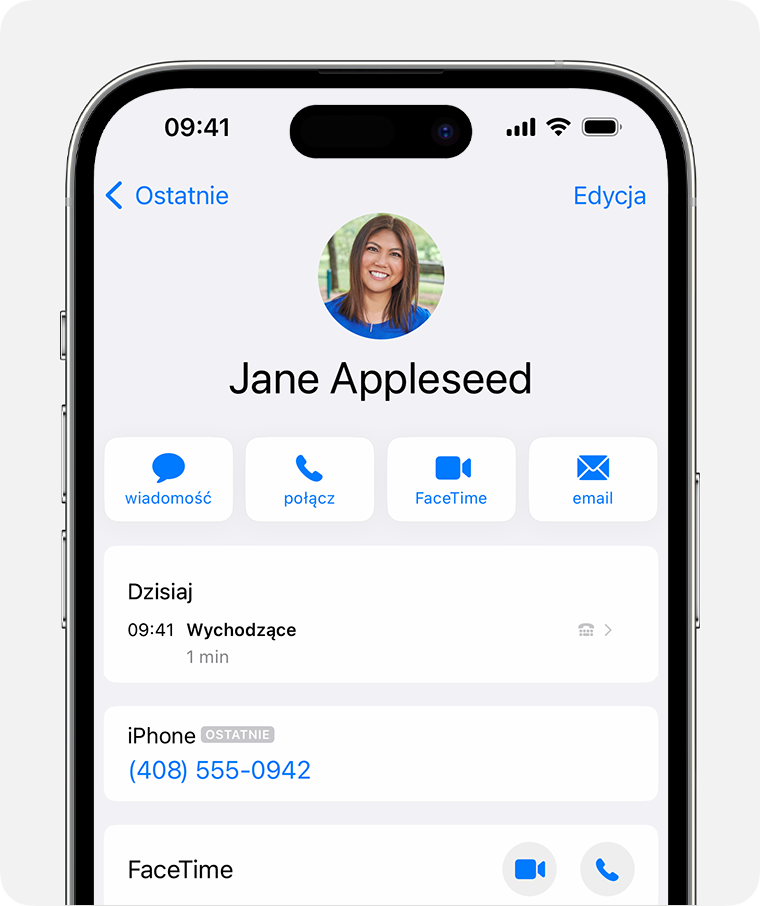 Ekran iPhone’a pokazujący historię połączeń z kontaktem