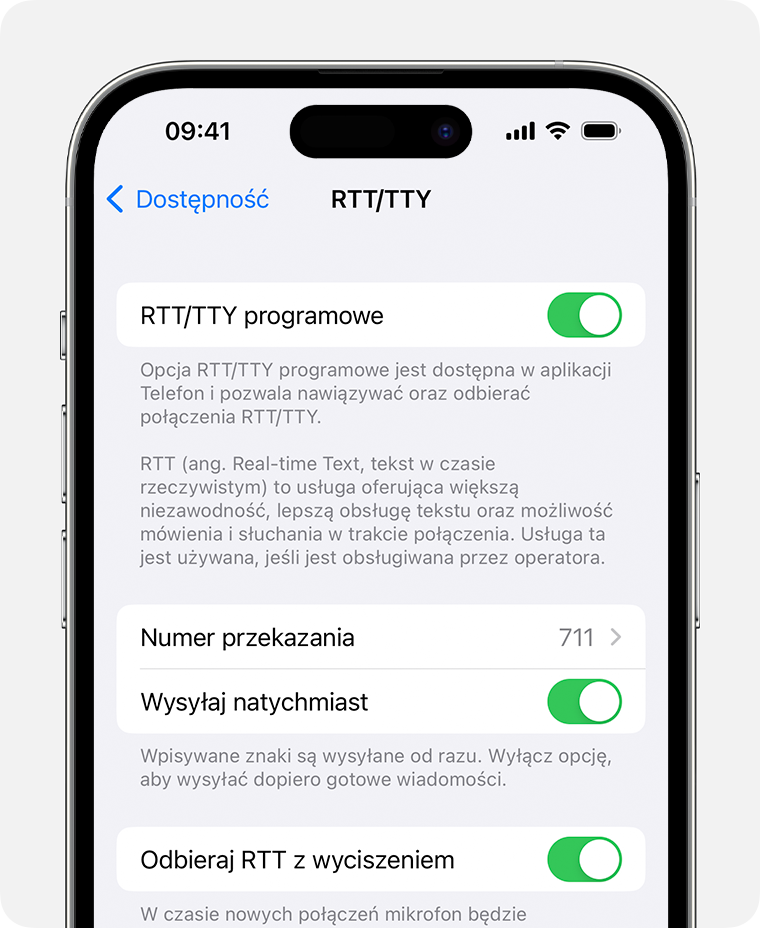 Ekran iPhone’a z włączoną opcją RTT/TTY
