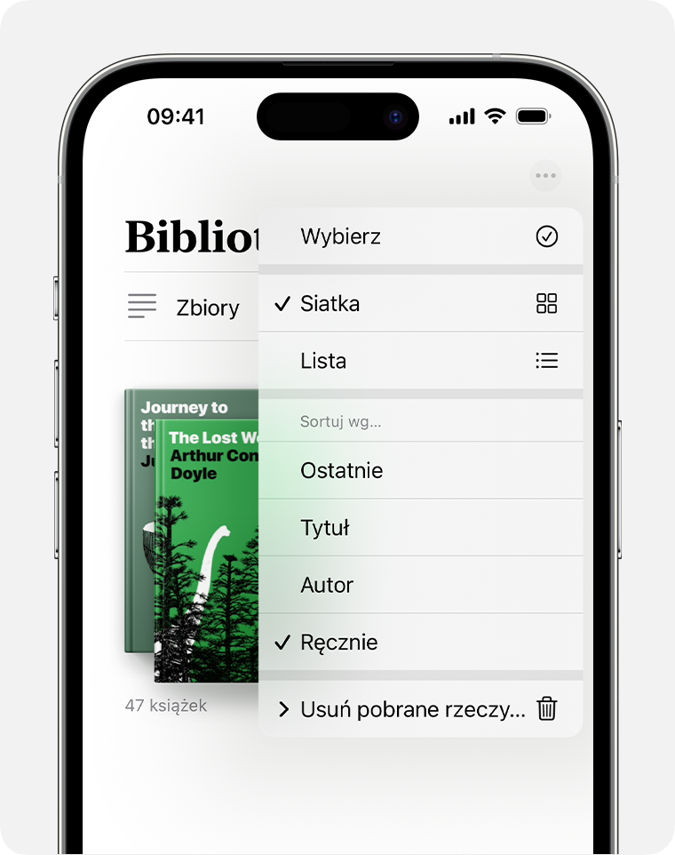 iPhone pokazujący opcje organizowania w aplikacji Książki 