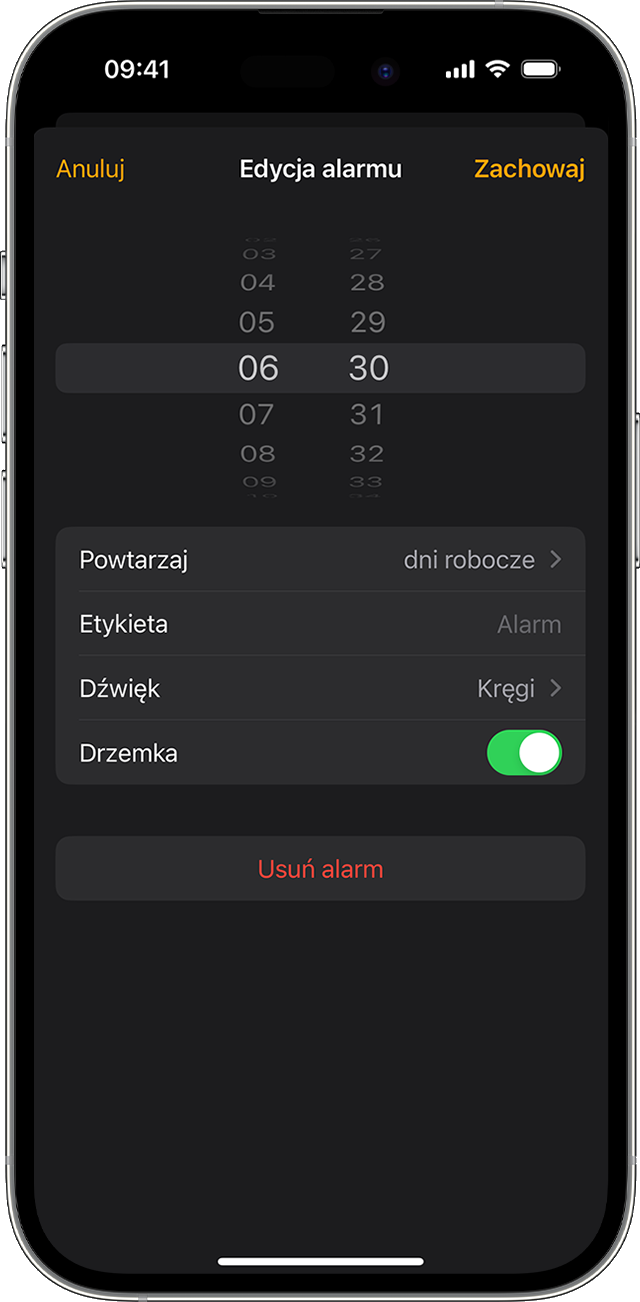 Edytowanie alarmu w aplikacji Zegar na urządzeniu iPhone.