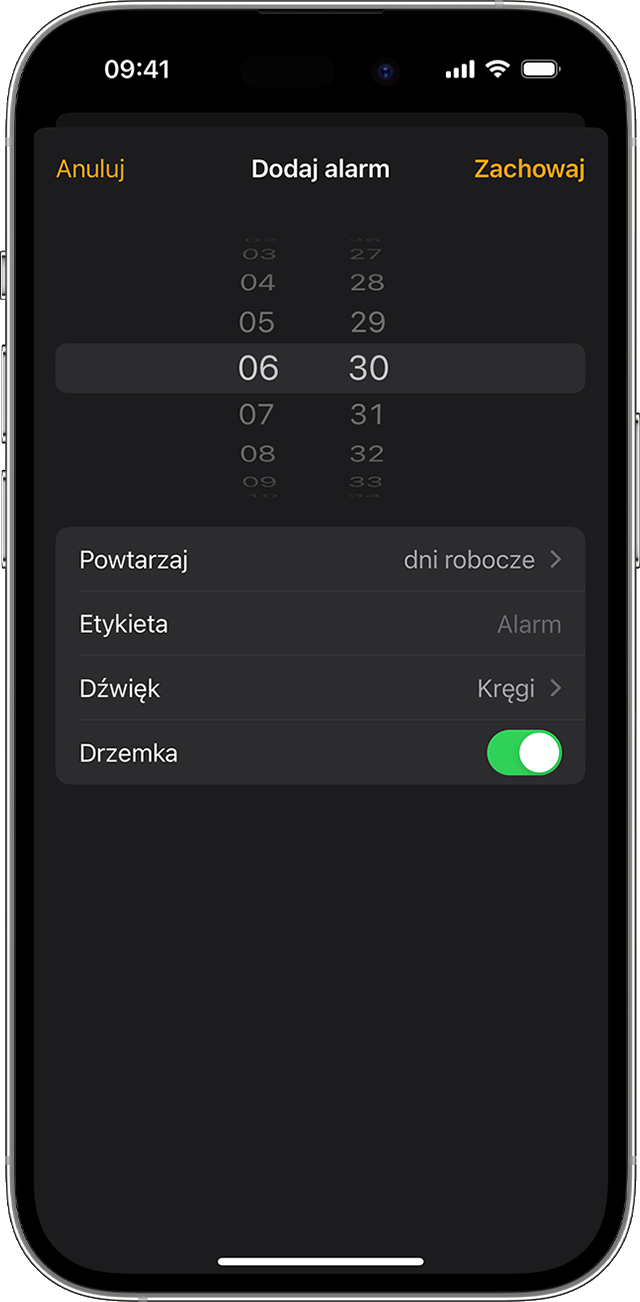 Ustaw alarm w aplikacji Zegar na urządzeniu iPhone. 