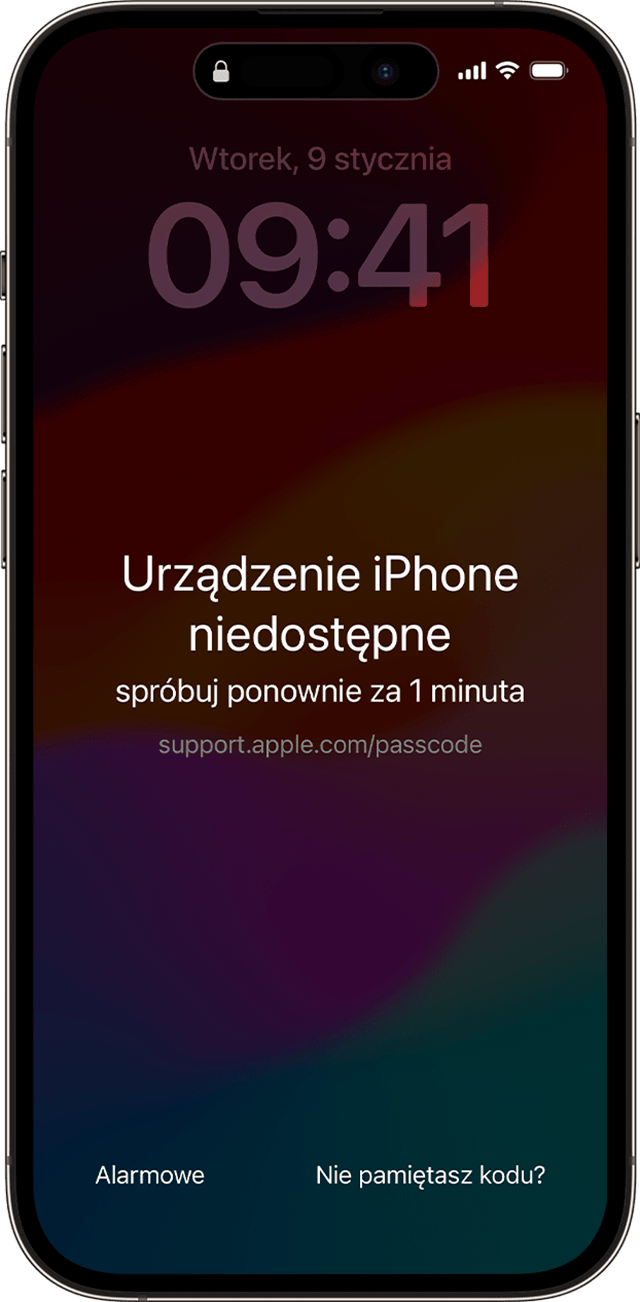 Ekran „iPhone niedostępny” w systemie iOS 17 lub nowszym zawiera opcję Nie pamiętasz kodu? kodu?.