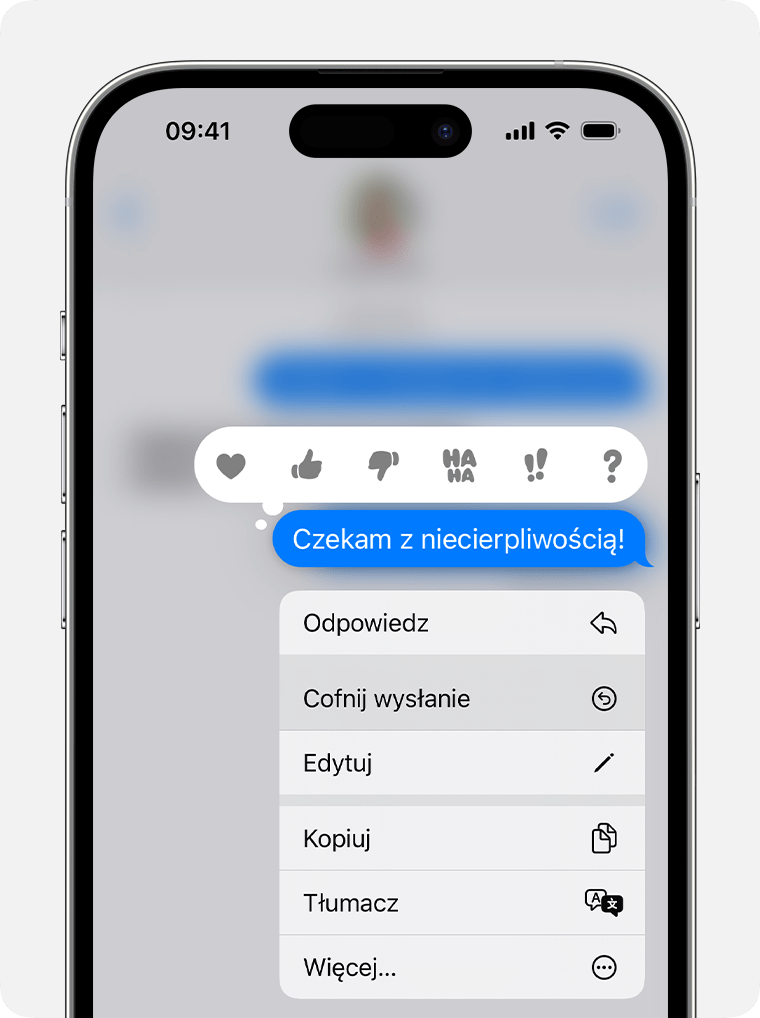 Stuknij i przytrzymaj wiadomość w systemie iOS 16 lub nowszym, aby wyświetlić opcję Cofnij wysłanie.