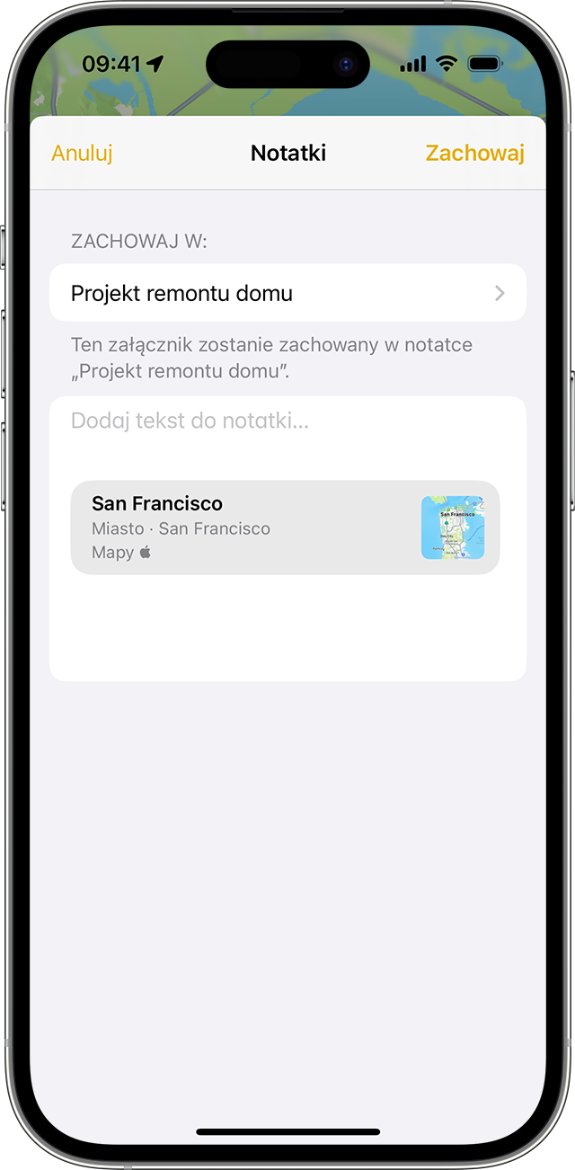 iPhone pokazujący, jak dodać załącznik w aplikacji Notatki.