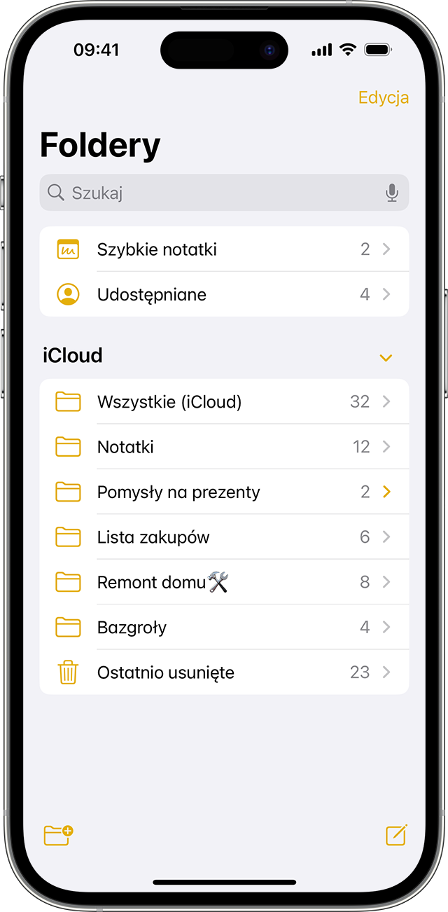 iPhone pokazujący, jak utworzyć folder w aplikacji Notatki.