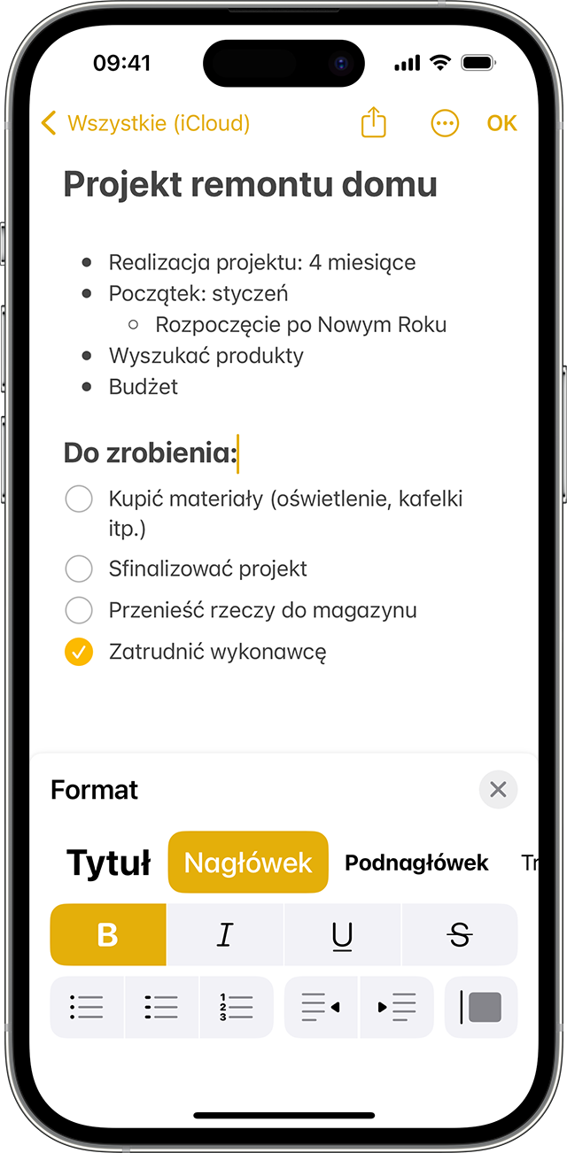 Opcje formatu w aplikacji Notatki na iPhonie