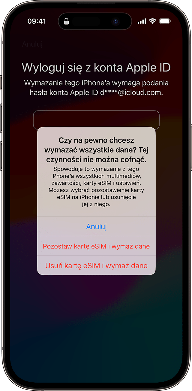 Po przejściu przez proces resetowania kodu w systemie iOS 17 lub nowszym możesz pozostawić kartę eSIM lub usunąć kartę eSIM.