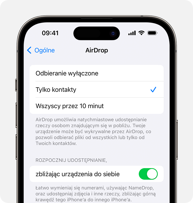 iPhone wyświetlający ustawienia AirDrop z wybraną opcją Tylko kontakty.