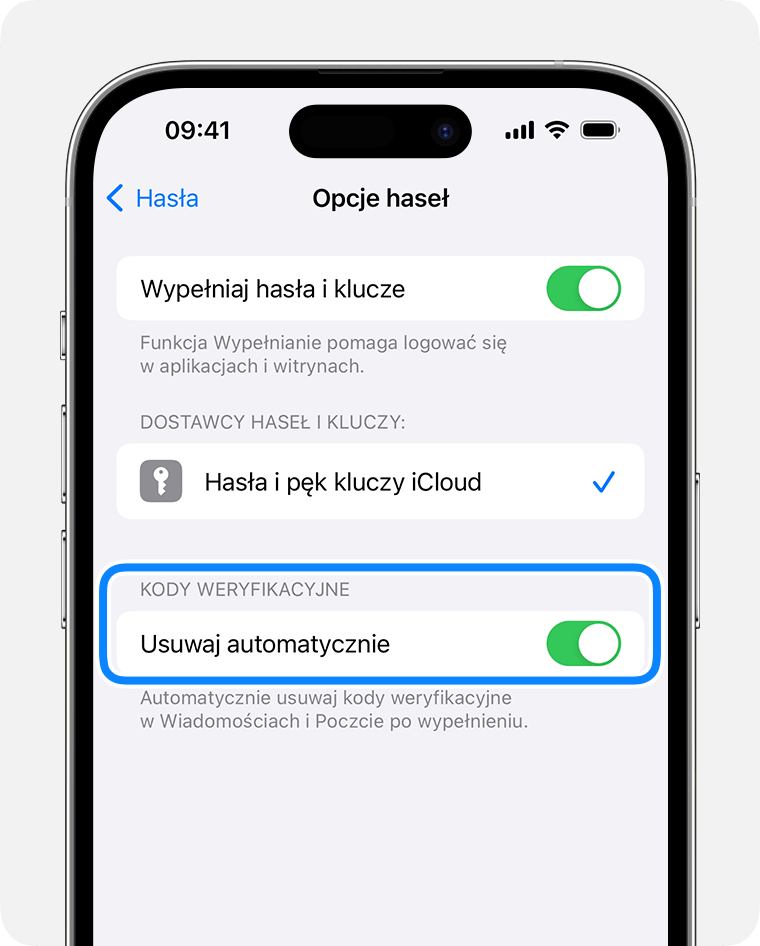W systemie iOS 17 lub nowszym aplikacja Wiadomości może automatycznie usuwać wiadomości zawierające użyte kody weryfikacyjne do hasła. 
