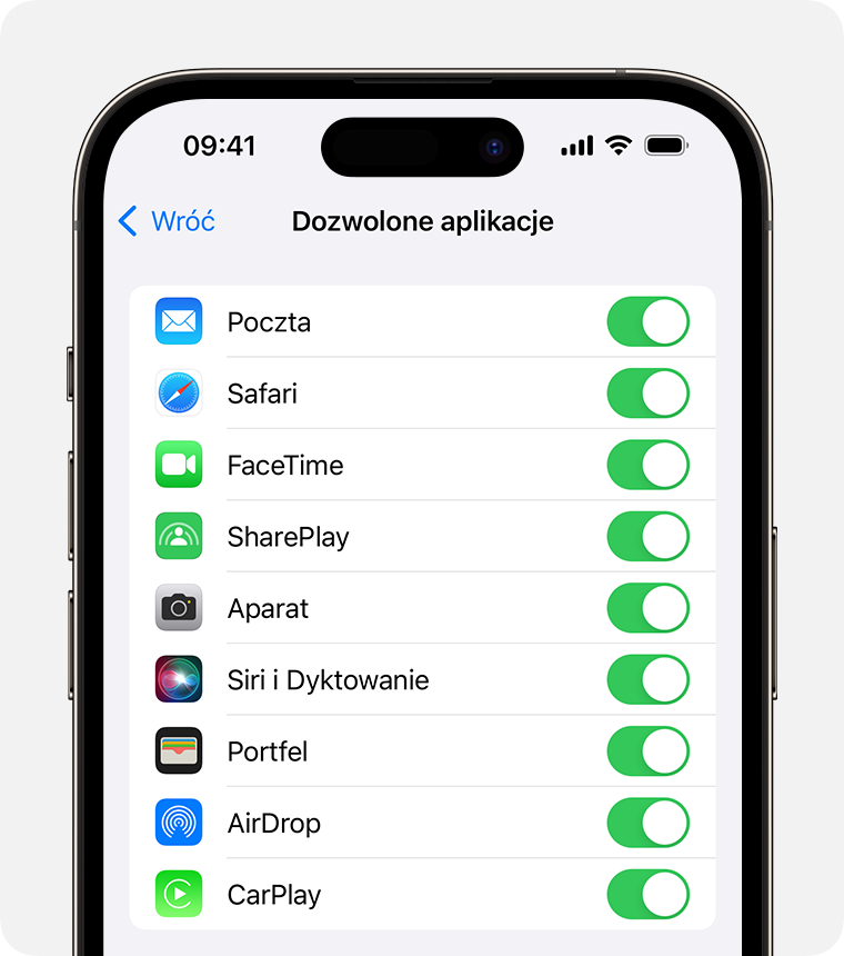 iPhone — ekran pokazujący dozwolone aplikacje 