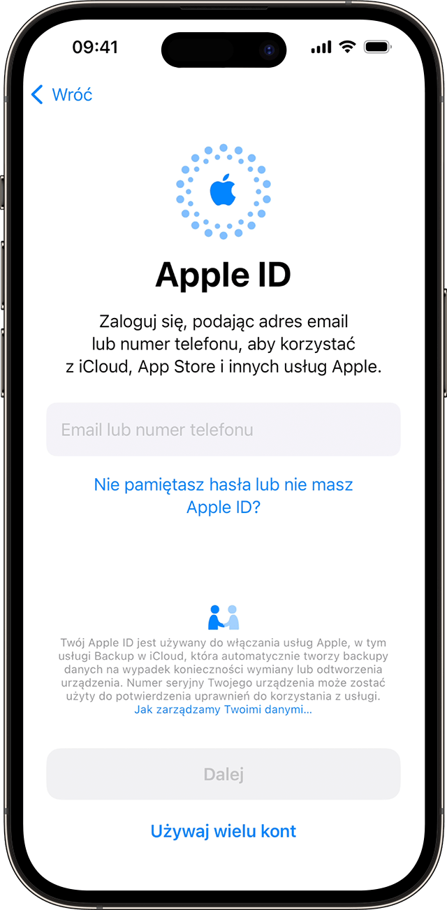 Użyj adresu e-mail lub numeru telefonu, aby zalogować się przy użyciu Apple ID podczas procesu konfigurowania iPhone’a w systemie iOS 17.