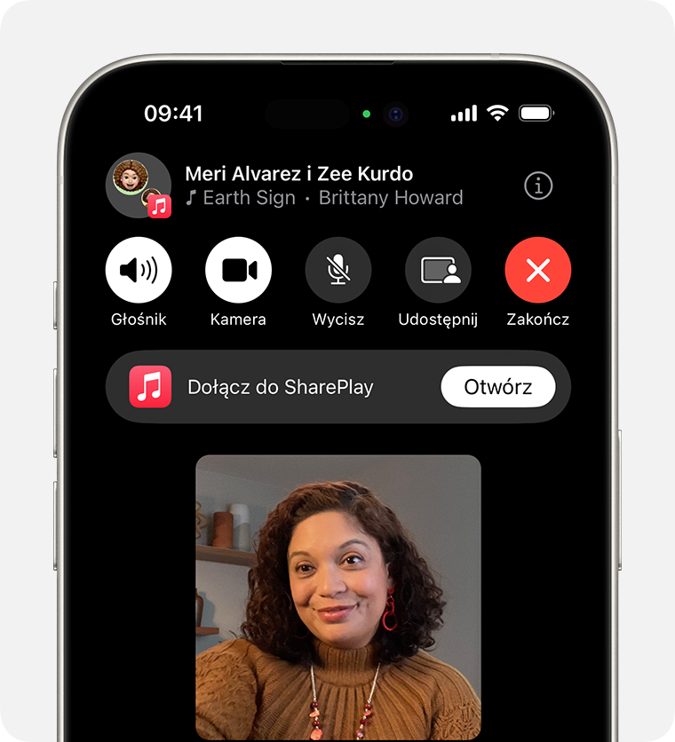 iPhone wyświetlający opcję Dołącz do SharePlay w połączeniu FaceTime.