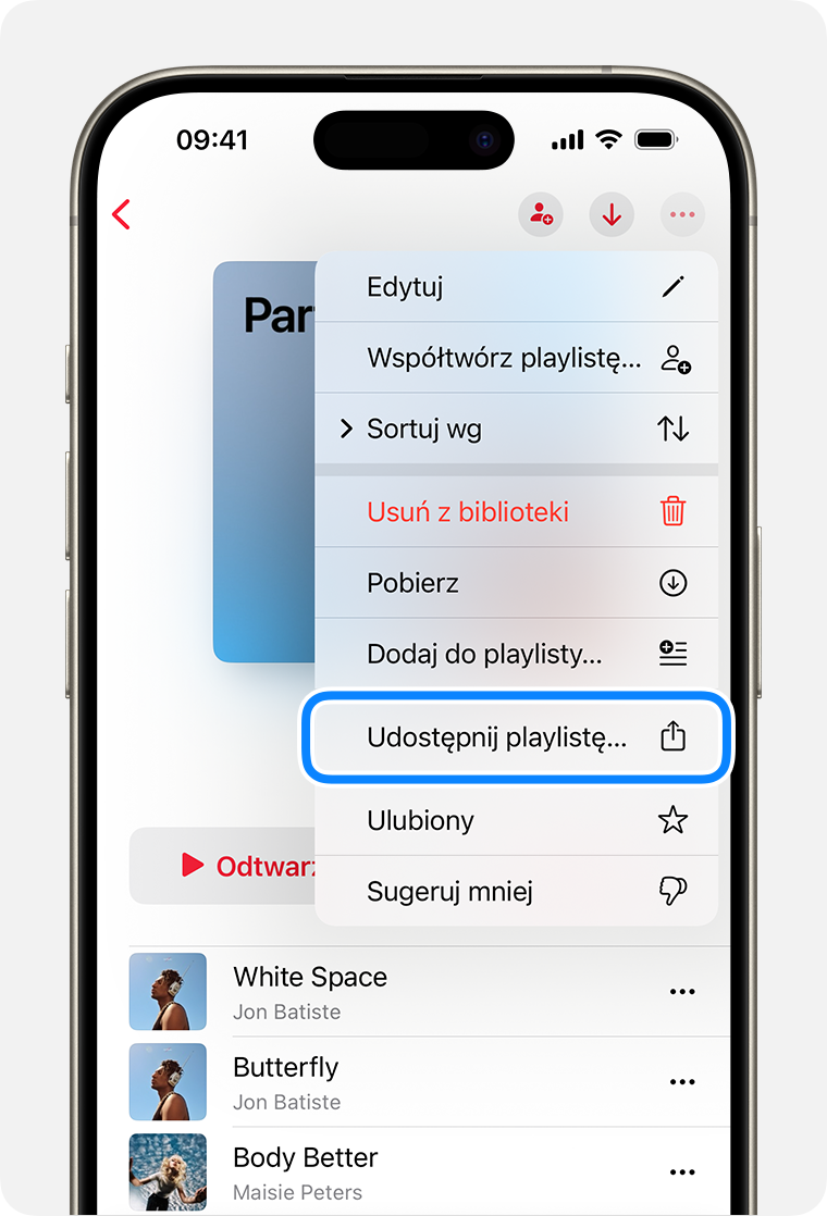 iPhone wyświetlający opcję Udostępnij playlistę w menu dostępnym po naciśnięciu przycisku Więcej