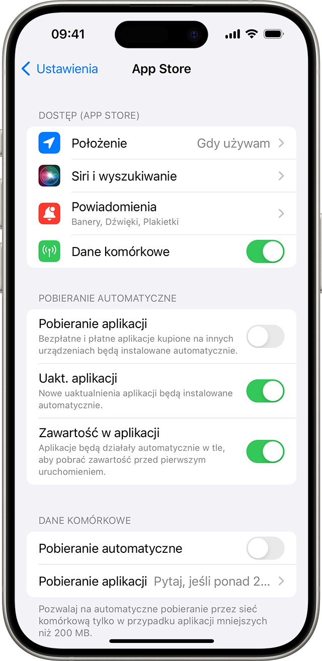 iPhone z wyświetlonymi opcjami App Store w Ustawieniach, w tym Uaktualnienia aplikacji