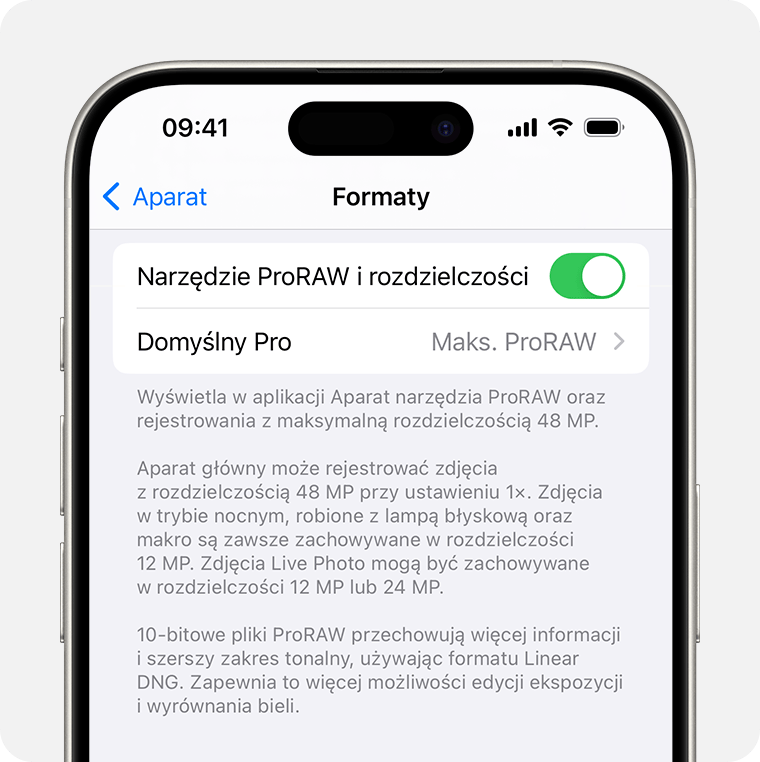 W systemie iOS 17 możesz ustawić rozdzielczość ProRAW na 12 MP lub 48 MP.