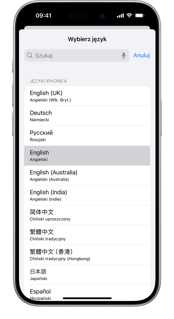 iPhone wyświetlający listę języków dostępnych w systemie z zaznaczonym językiem francuskim.