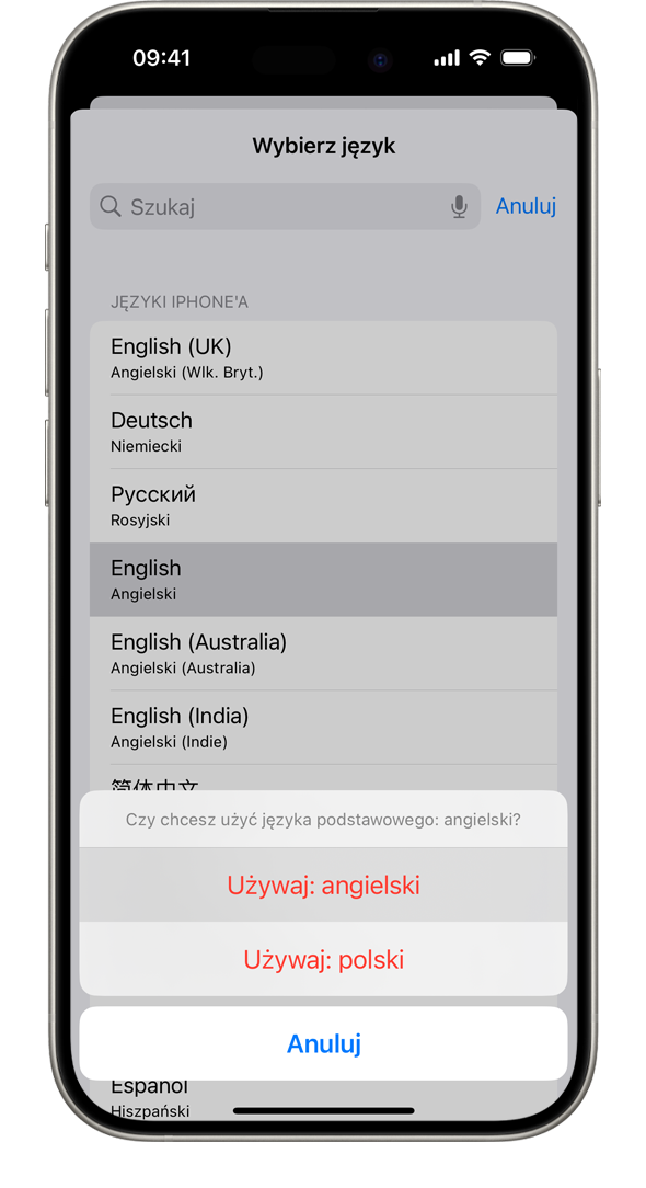 iPhone wyświetlający komunikat: Czy chcesz używać francuskiego jako podstawowego języka? Wyświetlane opcje to: Użyj francuskiego, Użyj angielskiego (USA) i Anuluj.