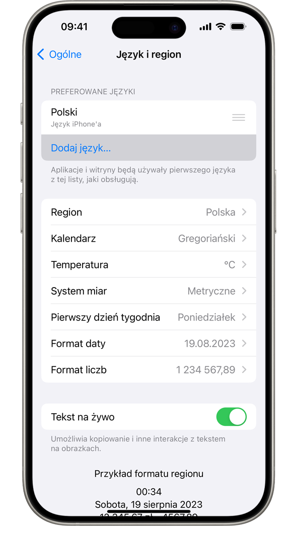 iPhone wyświetlający menu Język i region z zaznaczoną opcją Dodaj język.